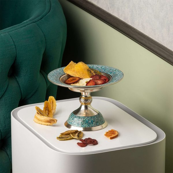 طبق حلويات فضي مطعّم بالفيروز (تالاكوب)